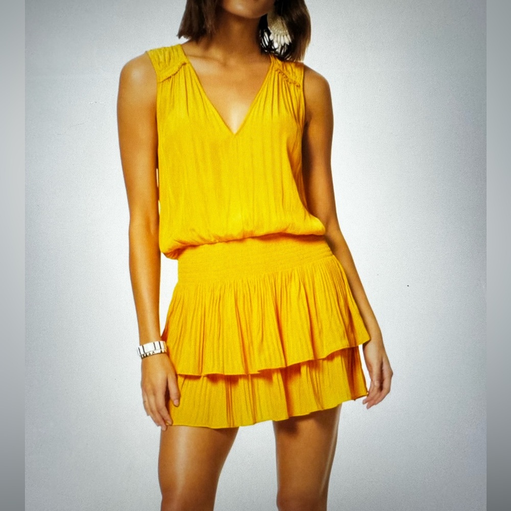 Ramy Brook Caitlin Tiered Mini Dress Yellow V-Neck Ruffle Size Small |Yellow
